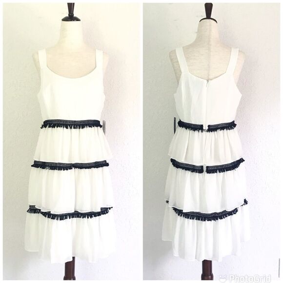 HALSTON White Black Sleeveless Fringe Cocktail Dress Tiered‎ Ruffle Size 6 New - Picture 2 of 15